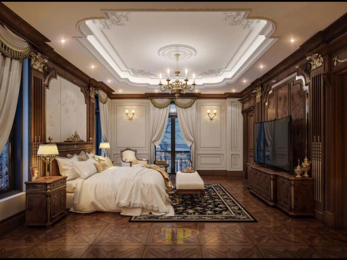 Thiết kế phòng ngủ Master sử dụng sàn gỗ hoa văn nghệ thuật